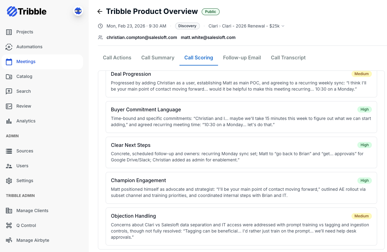 Tribble Engage call scoring view showing deal progression, buyer commitment language, next steps, champion engagement, and objection handling